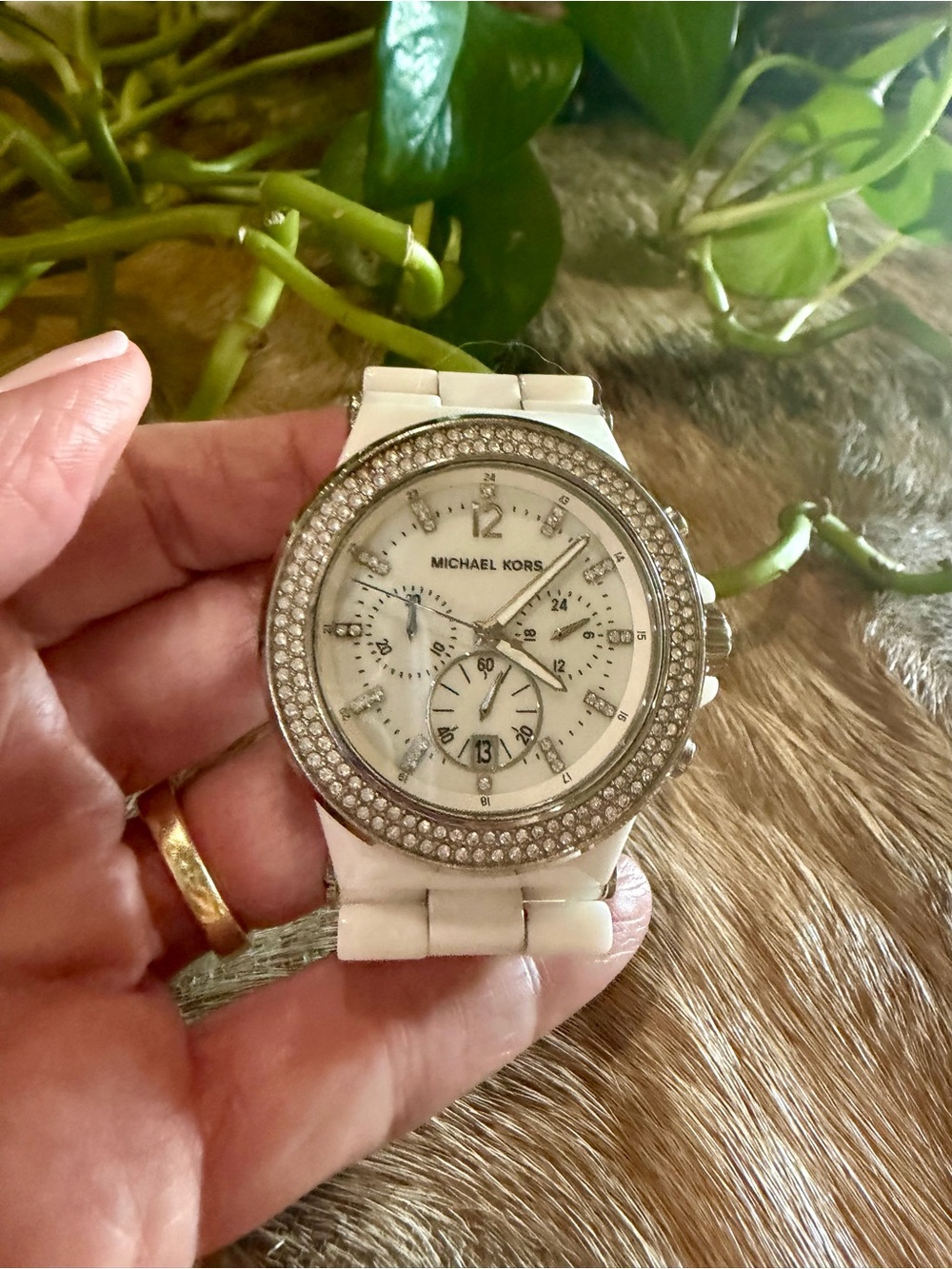 Michael Kors White Ceramic Crystal Bezel Chronograph Watch- Model MK5391